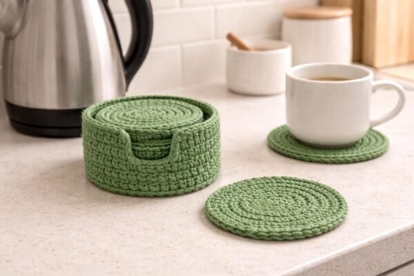 Green Crochet Coaster Set with Holder Pattern – Beginner Friendly Round Coasters + Finger Hole Holder
