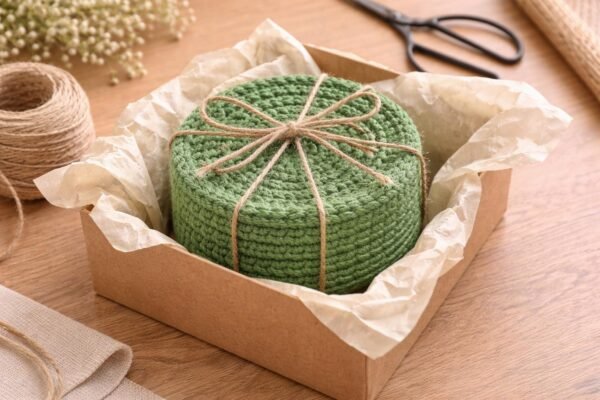 Green Crochet Coaster Set with Holder Pattern – Beginner Friendly Round Coasters + Finger Hole Holder