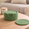 Green Crochet Coaster Set with Holder Pattern – Beginner Friendly Round Coasters + Finger Hole Holder