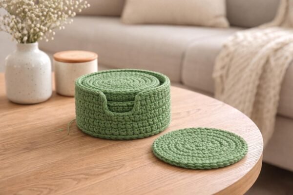 Green Crochet Coaster Set with Holder Pattern – Beginner Friendly Round Coasters + Finger Hole Holder