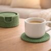 Green Crochet Coaster Set with Holder Pattern – Beginner Friendly Round Coasters + Finger Hole Holder