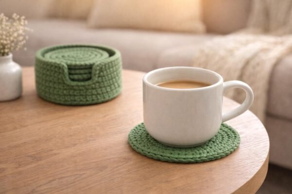 Green Crochet Coaster Set with Holder Pattern – Beginner Friendly Round Coasters + Finger Hole Holder