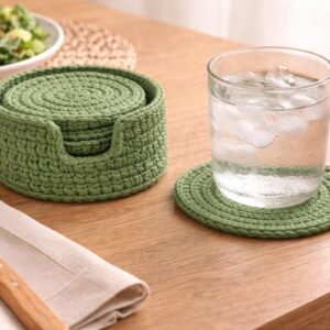 il_fullxfull.7586391656_jhk1.jpg Green Crochet Coaster Set with Holder Pattern β Beginner Friendly Round Coasters + Finger Hole Holder