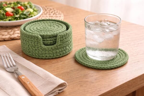Green Crochet Coaster Set with Holder Pattern – Beginner Friendly Round Coasters + Finger Hole Holder