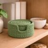 Green Crochet Coaster Set with Holder Pattern – Beginner Friendly Round Coasters + Finger Hole Holder