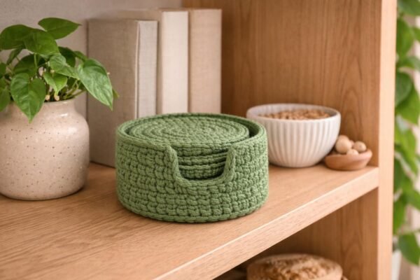 Green Crochet Coaster Set with Holder Pattern – Beginner Friendly Round Coasters + Finger Hole Holder