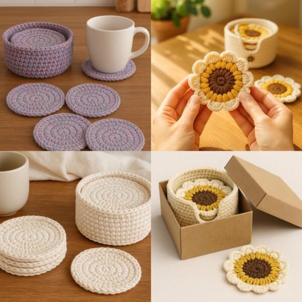 Crochet Coaster & Holder Bundle Pattern | Sunflower Coasters + Minimal Round Coasters | Beginner Friendly PDF Download