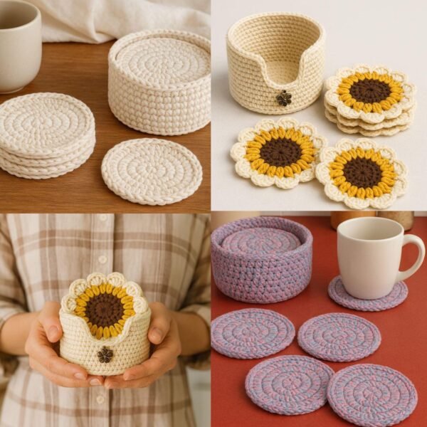 Crochet Coaster & Holder Bundle Pattern | Sunflower Coasters + Minimal Round Coasters | Beginner Friendly PDF Download