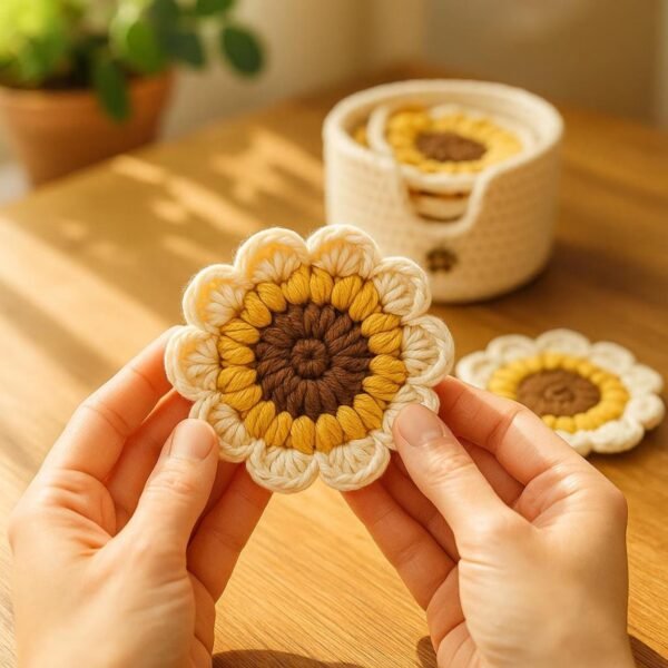 Crochet Coaster & Holder Bundle Pattern | Sunflower Coasters + Minimal Round Coasters | Beginner Friendly PDF Download