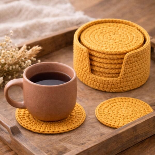 il_fullxfull.7624259222_ima4.jpg Golden Coaster & Holder Crochet Pattern | Beginner Friendly | 10 Coasters | PDF Download