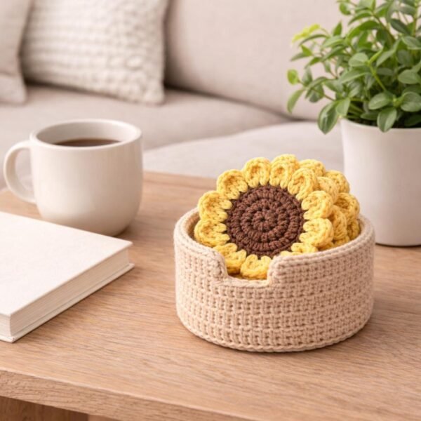 Sunflower Coaster Crochet Pattern | Cozy Set with Dip Holder (PDF)