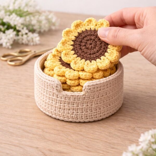 Sunflower Coaster Crochet Pattern | Cozy Set with Dip Holder (PDF)