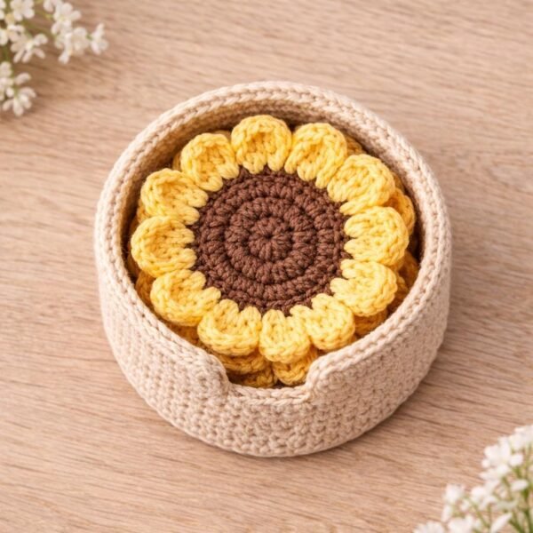 Sunflower Coaster Crochet Pattern | Cozy Set with Dip Holder (PDF)