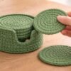 Green Crochet Coaster Set with Holder Pattern – Beginner Friendly Round Coasters + Finger Hole Holder