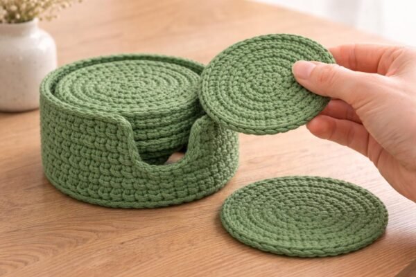 Green Crochet Coaster Set with Holder Pattern – Beginner Friendly Round Coasters + Finger Hole Holder