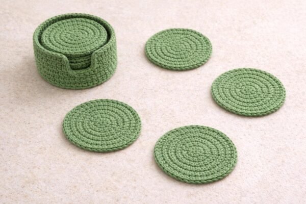 Green Crochet Coaster Set with Holder Pattern – Beginner Friendly Round Coasters + Finger Hole Holder