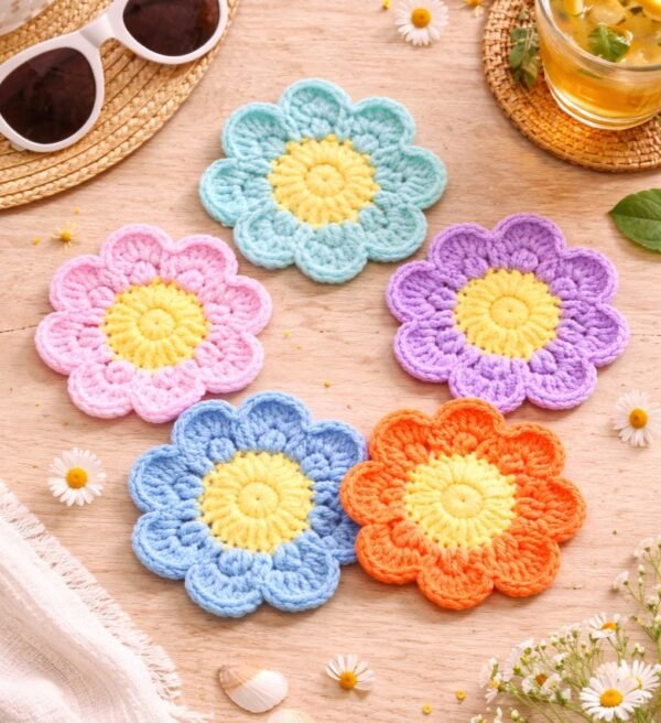Crochet Flower Coaster Pattern, Beginner 8-Petal Daisy Mug Rug Digital Download