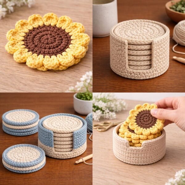 2 in 1 Crochet Coaster Pattern Bundle PDF | Minimal + Sunflower | Beginner Friendly DIY