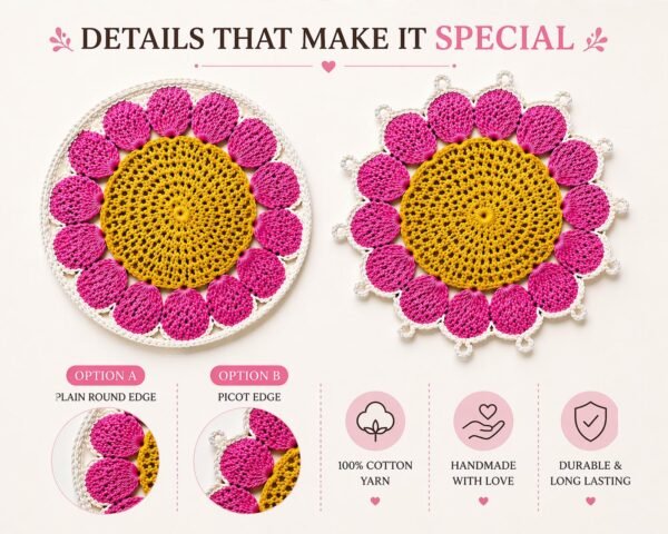 Crochet Flower Coaster Pattern | 2 Edge Options (Simple Round + Picot Edge) | Beginner Friendly  | PDF