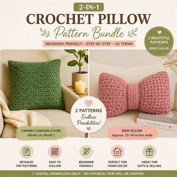 Crochet Pillow Pattern Bundle | Chunky Cushion Cover + Bow Pillow | Beginner Friendly | PDF