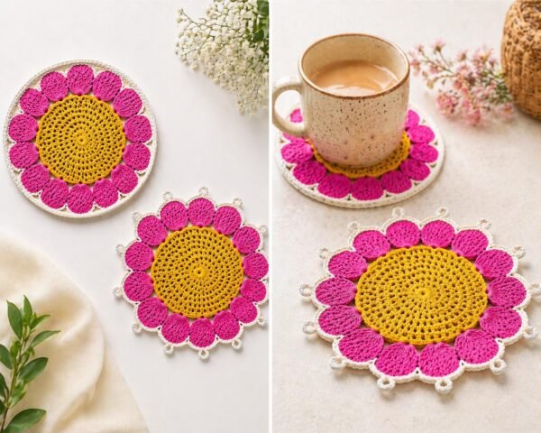 Crochet Flower Coaster Pattern | 2 Edge Options (Simple Round + Picot Edge) | Beginner Friendly  | PDF