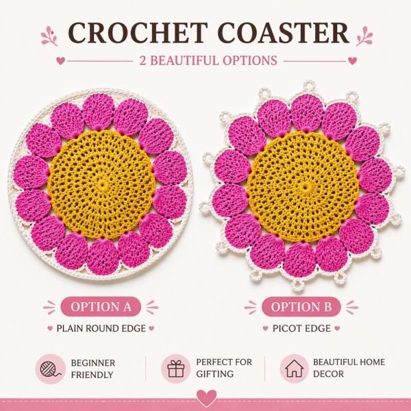 Crochet Flower Coaster Pattern | 2 Edge Options (Simple Round + Picot Edge) | Beginner Friendly  | PDF