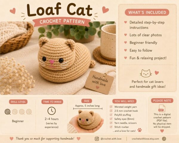 Loaf Cat Crochet Pattern PDF, Beginner Amigurumi Tutorial (Digital Download)