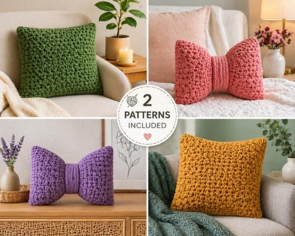 Crochet Pillow Pattern Bundle | Chunky Cushion Cover + Bow Pillow | Beginner Friendly | PDF