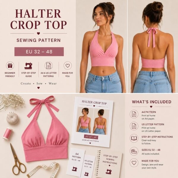 Halter Crop Top Tutorial PDF, Step-by-Step Sewing Guide, Beginner Friendly, Instant Download