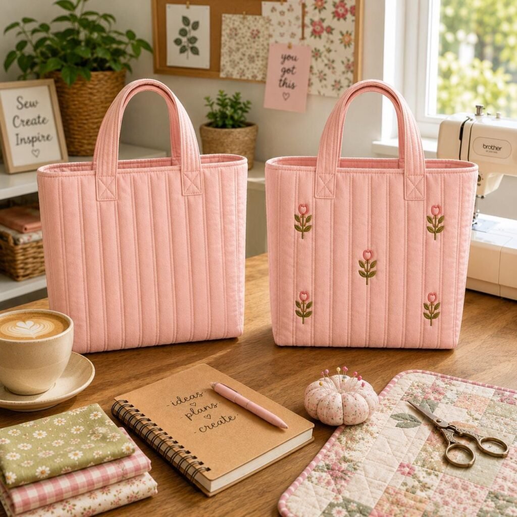 Quilted Mini Tote Bag Sewing Pattern | Beginner Friendly, Optional Tulip Embroidery (PDF Download)