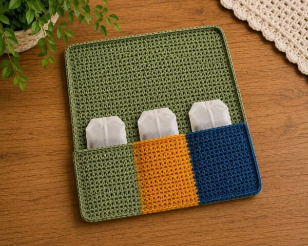 3 Colour Tea Bag Holder with Coaster Crochet Pattern PDF, Tea Organizer Crochet Pattern, Mug Coaster Pocket Holder, Beginner Crochet Pattern