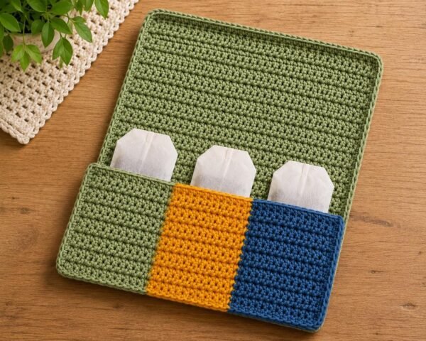 3 Colour Tea Bag Holder with Coaster Crochet Pattern PDF, Tea Organizer Crochet Pattern, Mug Coaster Pocket Holder, Beginner Crochet Pattern