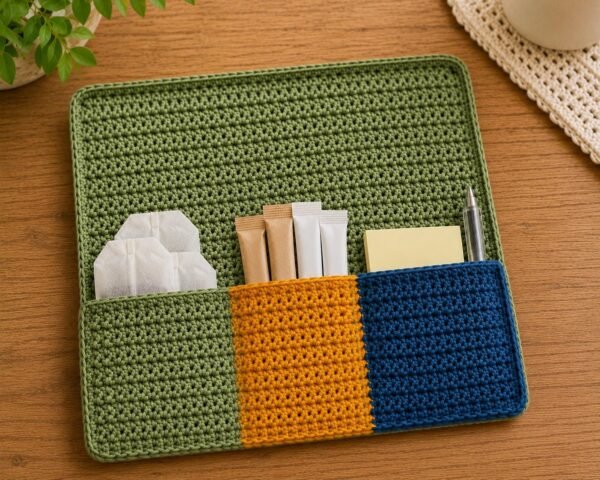 3 Colour Tea Bag Holder with Coaster Crochet Pattern PDF, Tea Organizer Crochet Pattern, Mug Coaster Pocket Holder, Beginner Crochet Pattern