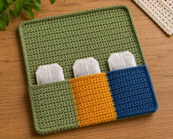 3 Colour Tea Bag Holder with Coaster Crochet Pattern PDF, Tea Organizer Crochet Pattern, Mug Coaster Pocket Holder, Beginner Crochet Pattern