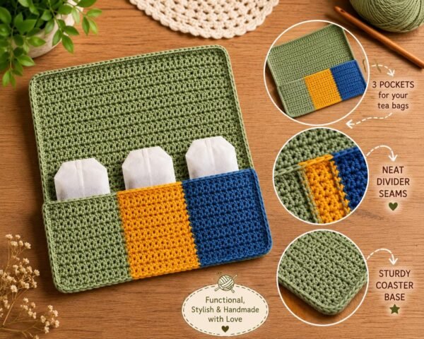 3 Colour Tea Bag Holder with Coaster Crochet Pattern PDF, Tea Organizer Crochet Pattern, Mug Coaster Pocket Holder, Beginner Crochet Pattern