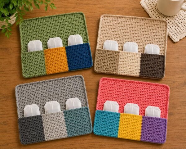 3 Colour Tea Bag Holder with Coaster Crochet Pattern PDF, Tea Organizer Crochet Pattern, Mug Coaster Pocket Holder, Beginner Crochet Pattern
