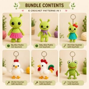 6-Pattern Crochet Bundle: Alien, Chicken, Rooster, Frog Amigurumi (PDF Download)