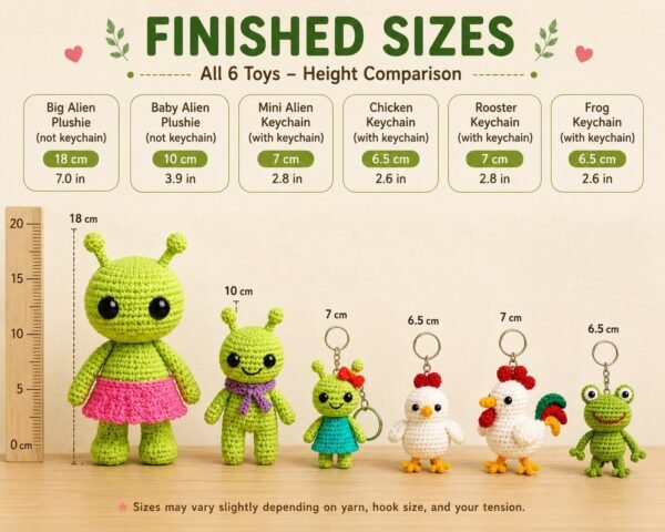6-Pattern Crochet Bundle: Alien, Chicken, Rooster, Frog Amigurumi (PDF Download)