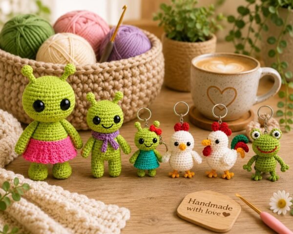 6-Pattern Crochet Bundle: Alien, Chicken, Rooster, Frog Amigurumi (PDF Download)
