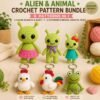6-Pattern Crochet Bundle: Alien, Chicken, Rooster, Frog Amigurumi (PDF Download)