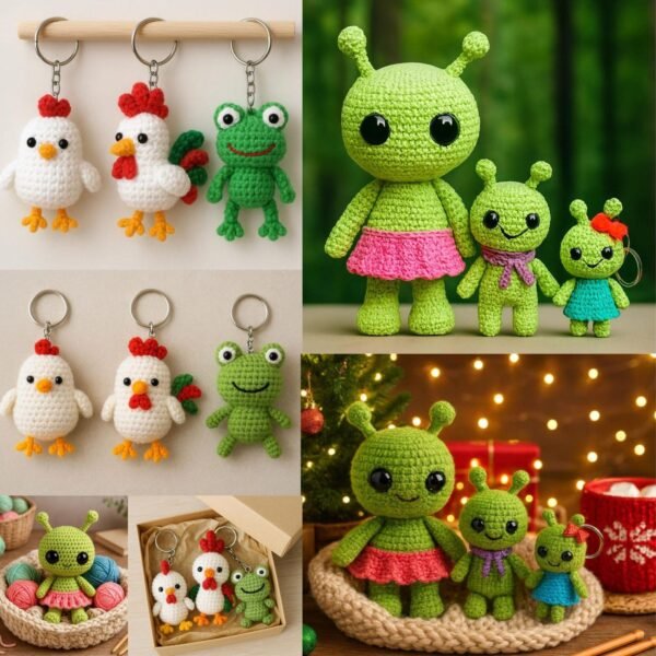 6-Pattern Crochet Bundle: Alien, Chicken, Rooster, Frog Amigurumi (PDF Download)