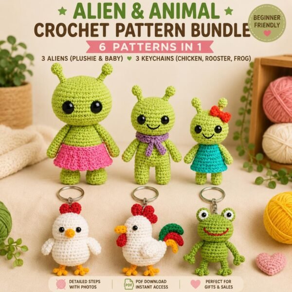 6-Pattern Crochet Bundle: Alien, Chicken, Rooster, Frog Amigurumi (PDF Download)