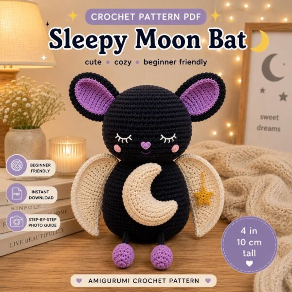 Sleepy Moon Bat Crochet Pattern | Beginner Amigurumi Plush Tutorial (PDF Download)