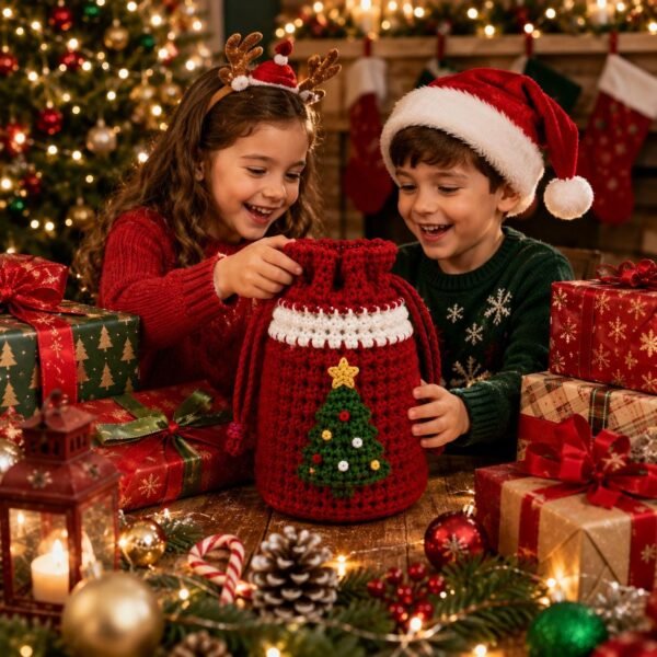 Christmas Crochet Gift Bag Pattern PDF | Beginner Crochet Drawstring Bag | Holiday Gift Bag Crochet Pattern | Christmas Tree Bag