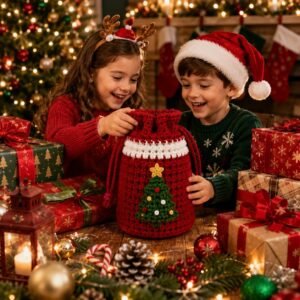 Christmas Crochet Gift Bag Pattern PDF | Beginner Crochet Drawstring Bag | Holiday Gift Bag Crochet Pattern | Christmas Tree Bag