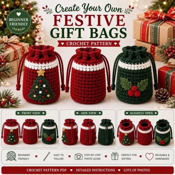 Christmas Crochet Gift Bag Pattern PDF | Beginner Crochet Drawstring Bag | Holiday Gift Bag Crochet Pattern | Christmas Tree Bag