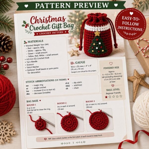 Christmas Crochet Gift Bag Pattern PDF | Beginner Crochet Drawstring Bag | Holiday Gift Bag Crochet Pattern | Christmas Tree Bag