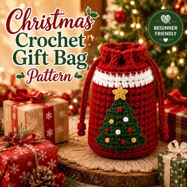 Christmas Crochet Gift Bag Pattern PDF | Beginner Crochet Drawstring Bag | Holiday Gift Bag Crochet Pattern | Christmas Tree Bag