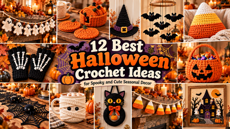 12 Best Halloween Crochet Ideas featuring handmade crochet ghosts, pumpkins, bat mobiles, candy corn decorations, skeleton gloves, and spooky seasonal home decor.