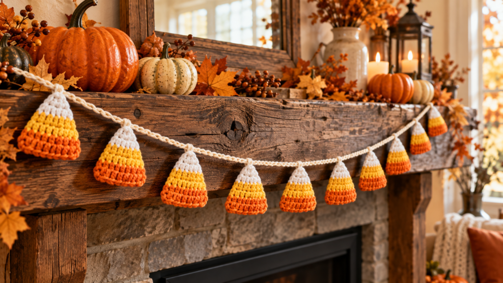 Halloween Crochet Ideas featuring a candy corn crochet garland with white, golden yellow, and orange stripes